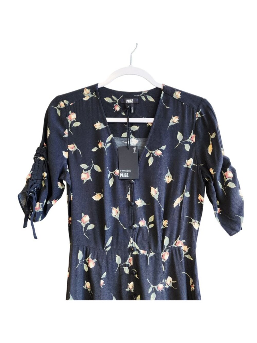 Paige Floral Print Midi Casual Dress Ruched Sleeves V-Neckline Navy Size XS  New - Picture 8 of 12